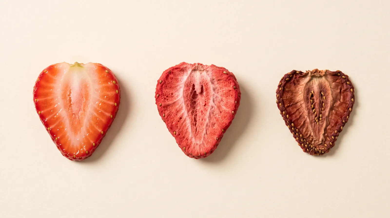 Three strawberry slices: fresh, freeze-dried, and dehydrated