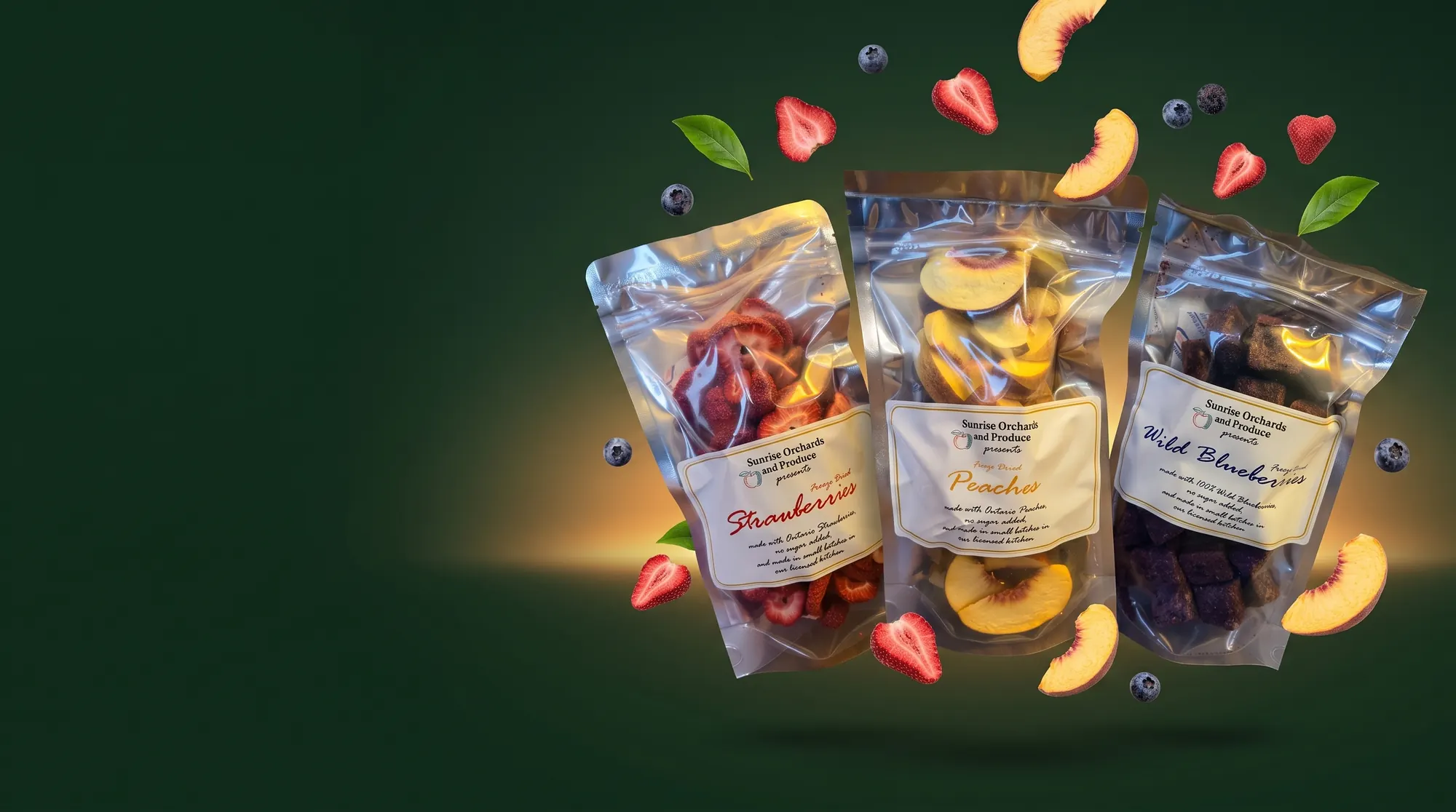 Bags of Sunrise Orchards freeze-dried strawberries, peaches and wild blueberries surrounded by floating fruit